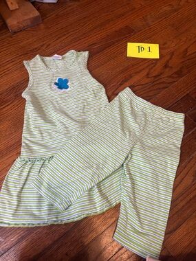 Mallory may Girls' Green & White Striped Pajama Set with Blue Flower Applique